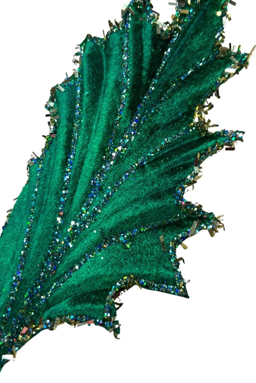 28" Tinsel Holly Leaf Spray: Emerald Green