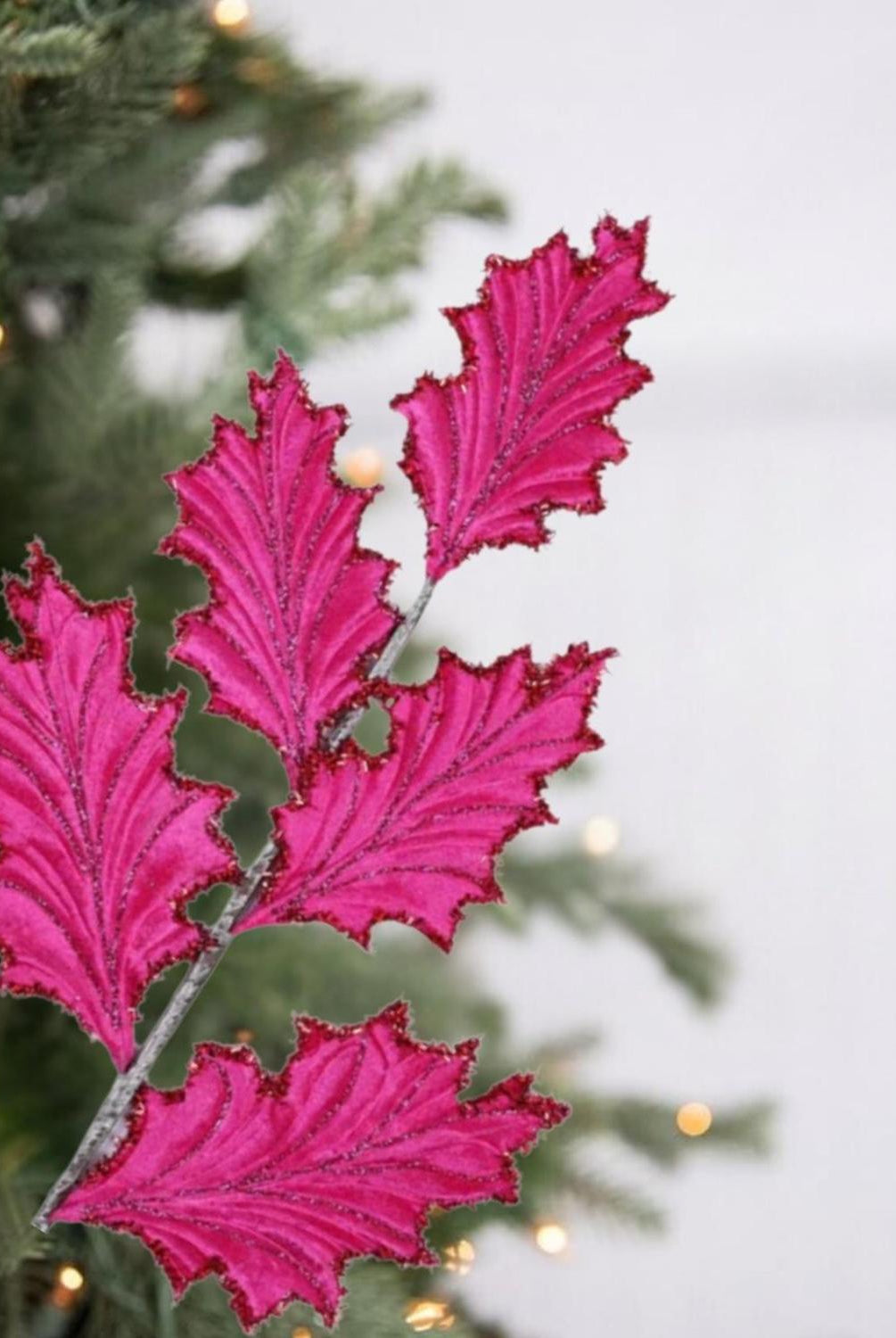 28" Tinsel Holly Leaf Spray: Hot Pink