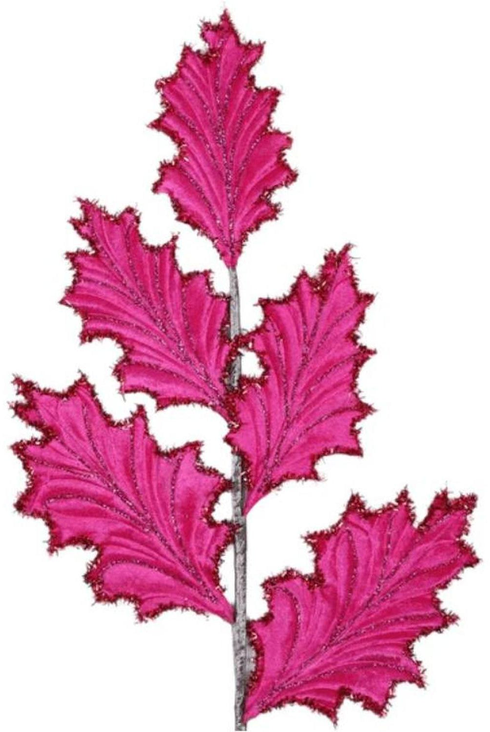 28" Tinsel Holly Leaf Spray: Hot Pink