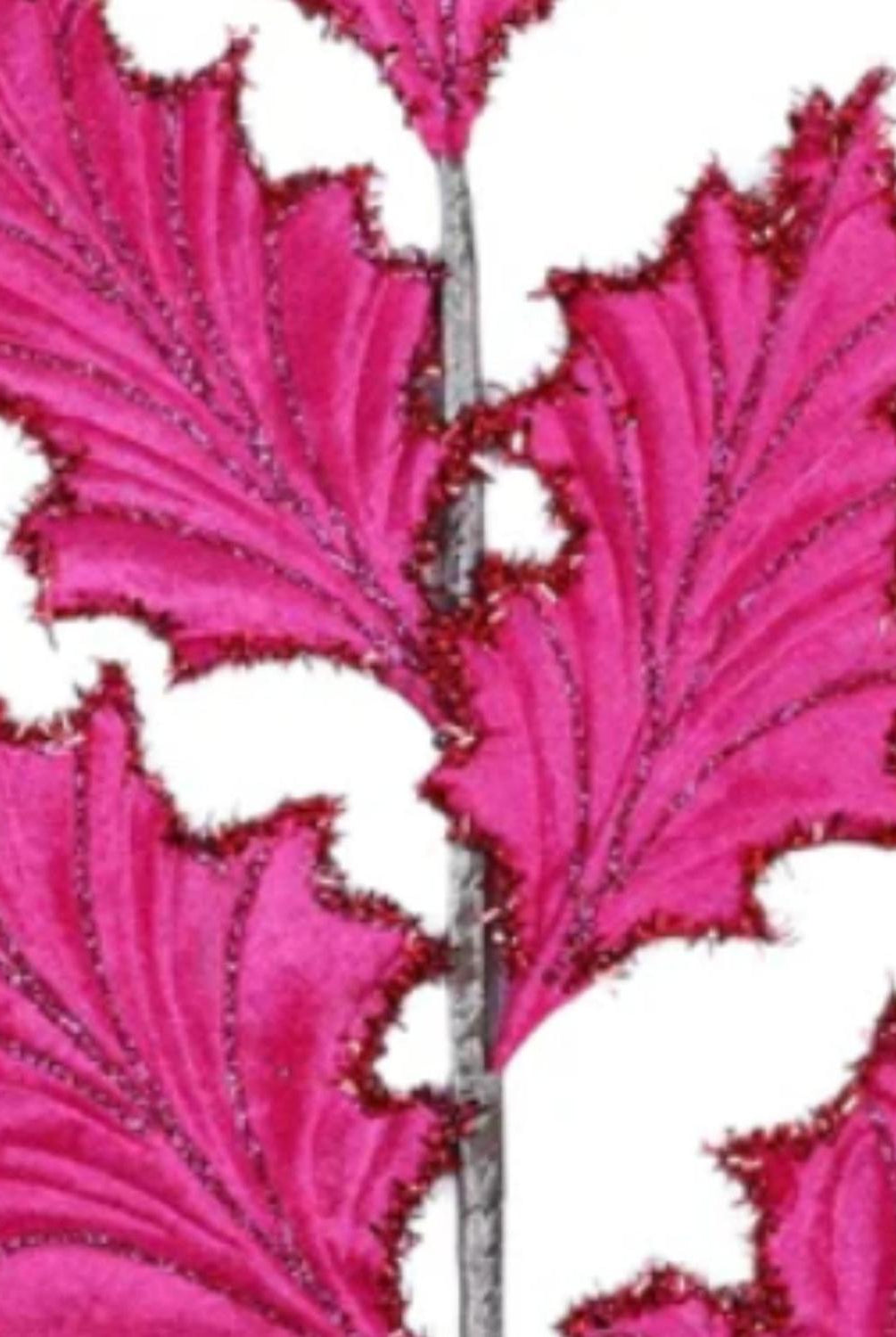 28" Tinsel Holly Leaf Spray: Hot Pink