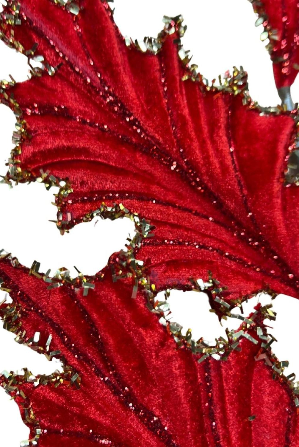 28" Tinsel Holly Leaf Spray: Red