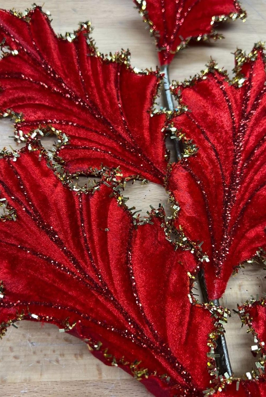 28" Tinsel Holly Leaf Spray: Red