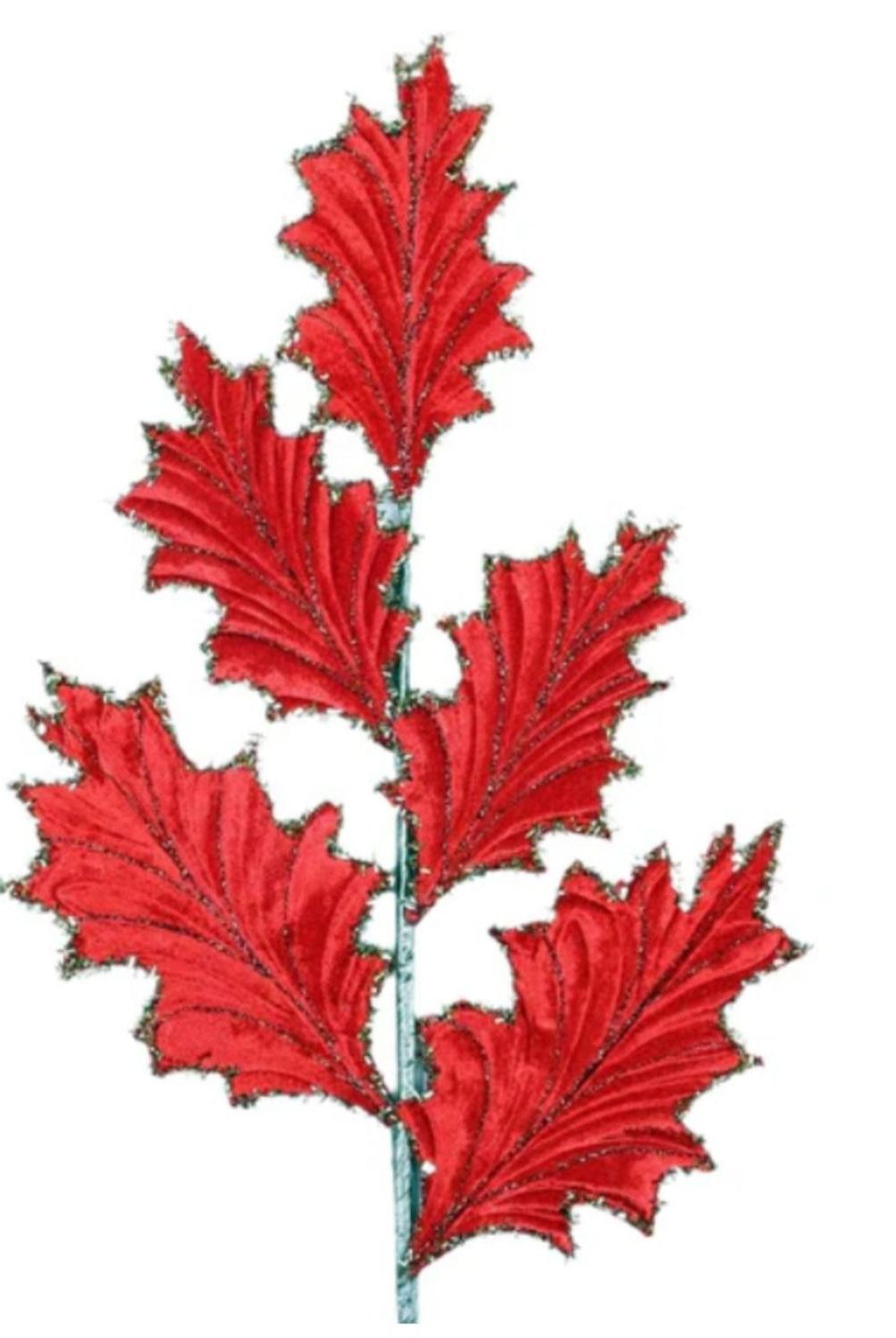 28" Tinsel Holly Leaf Spray: Red