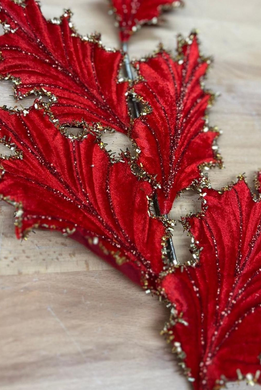 28" Tinsel Holly Leaf Spray: Red