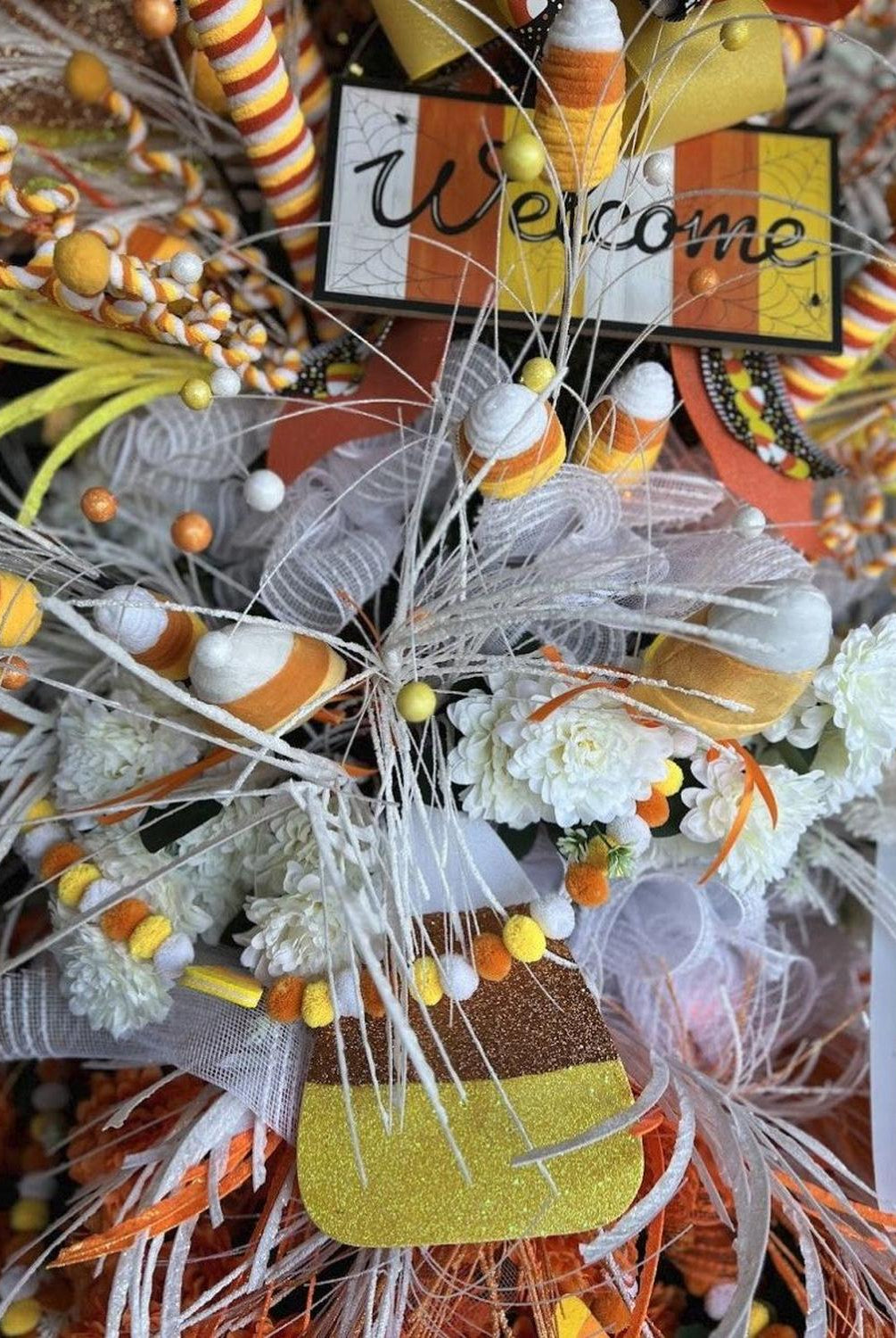 29" Velvet Rope Pom Pom Spray: Candy Corn