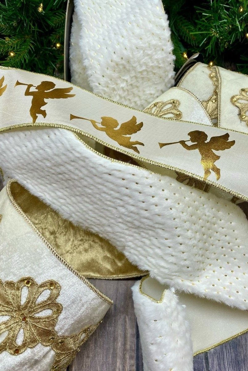 Shop For 3" Taffeta Gold Foil Trumpet Angels Ribbon: White (10 Yards) at Michelle's aDOORable Creations