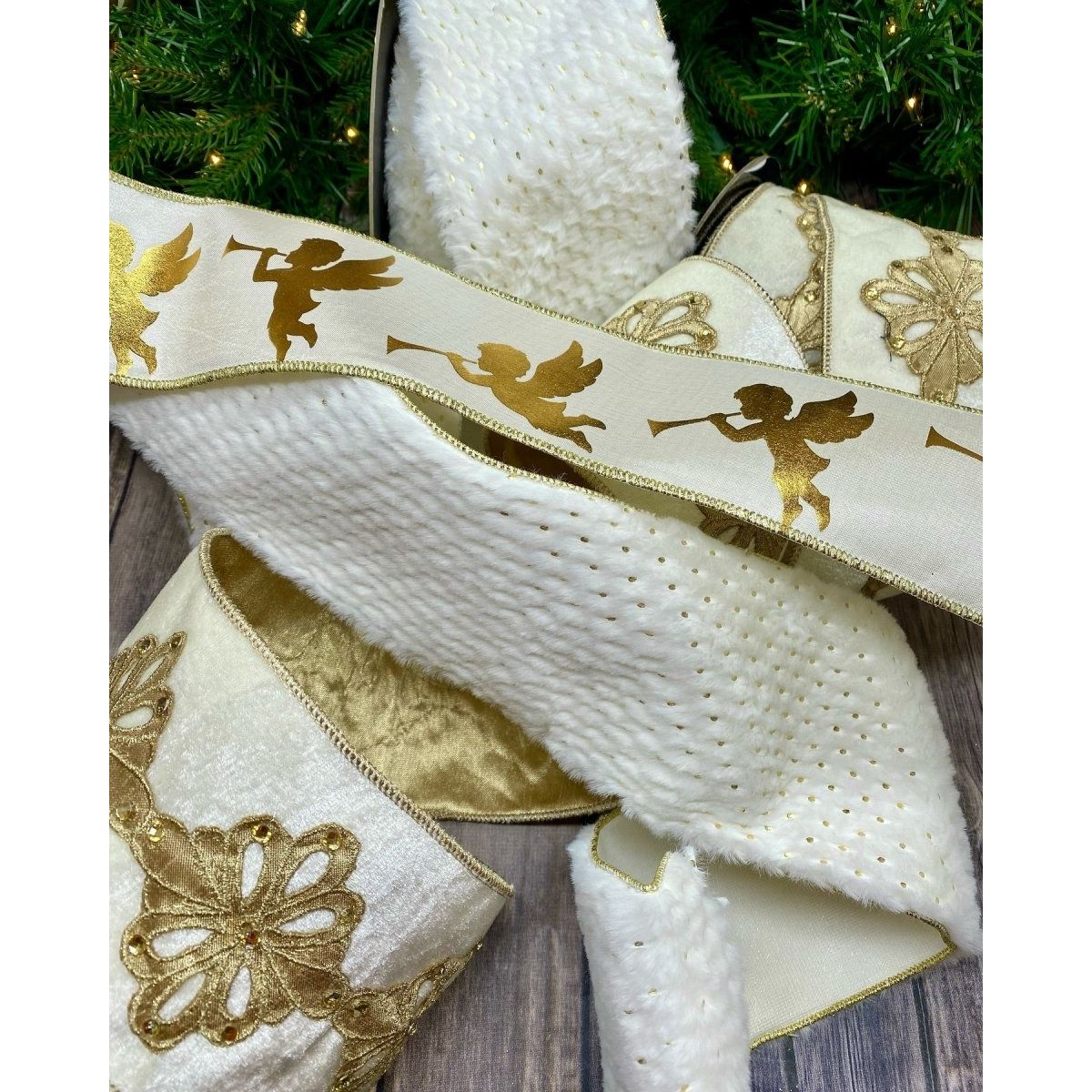 Shop For 3" Taffeta Gold Foil Trumpet Angels Ribbon: White (10 Yards) at Michelle's aDOORable Creations