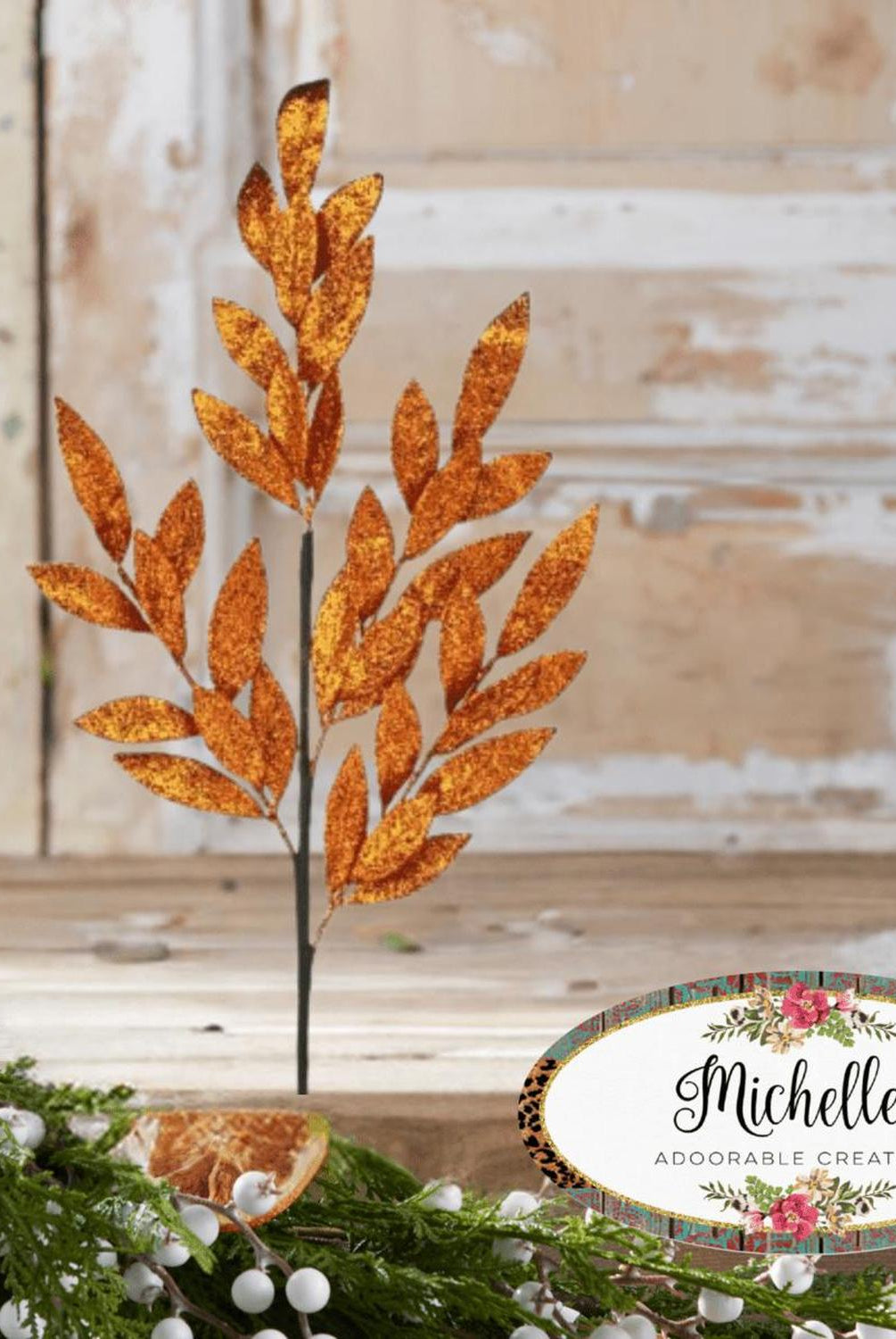 30" Glitter Laurel Leaf Spray: Orange