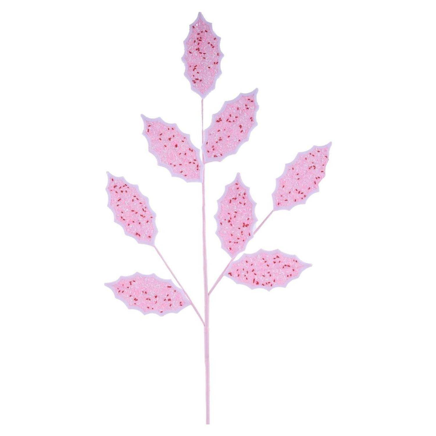 30" Glitter Sprinkles Holly Leaf Spray: Pink