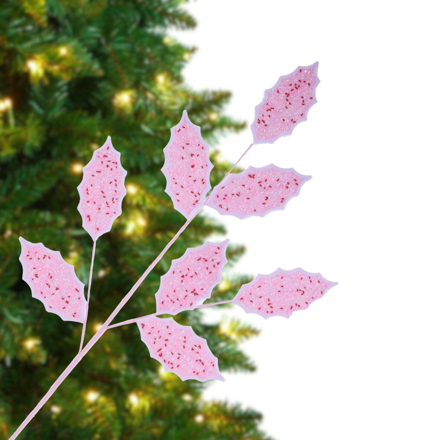 30" Glitter Sprinkles Holly Leaf Spray: Pink