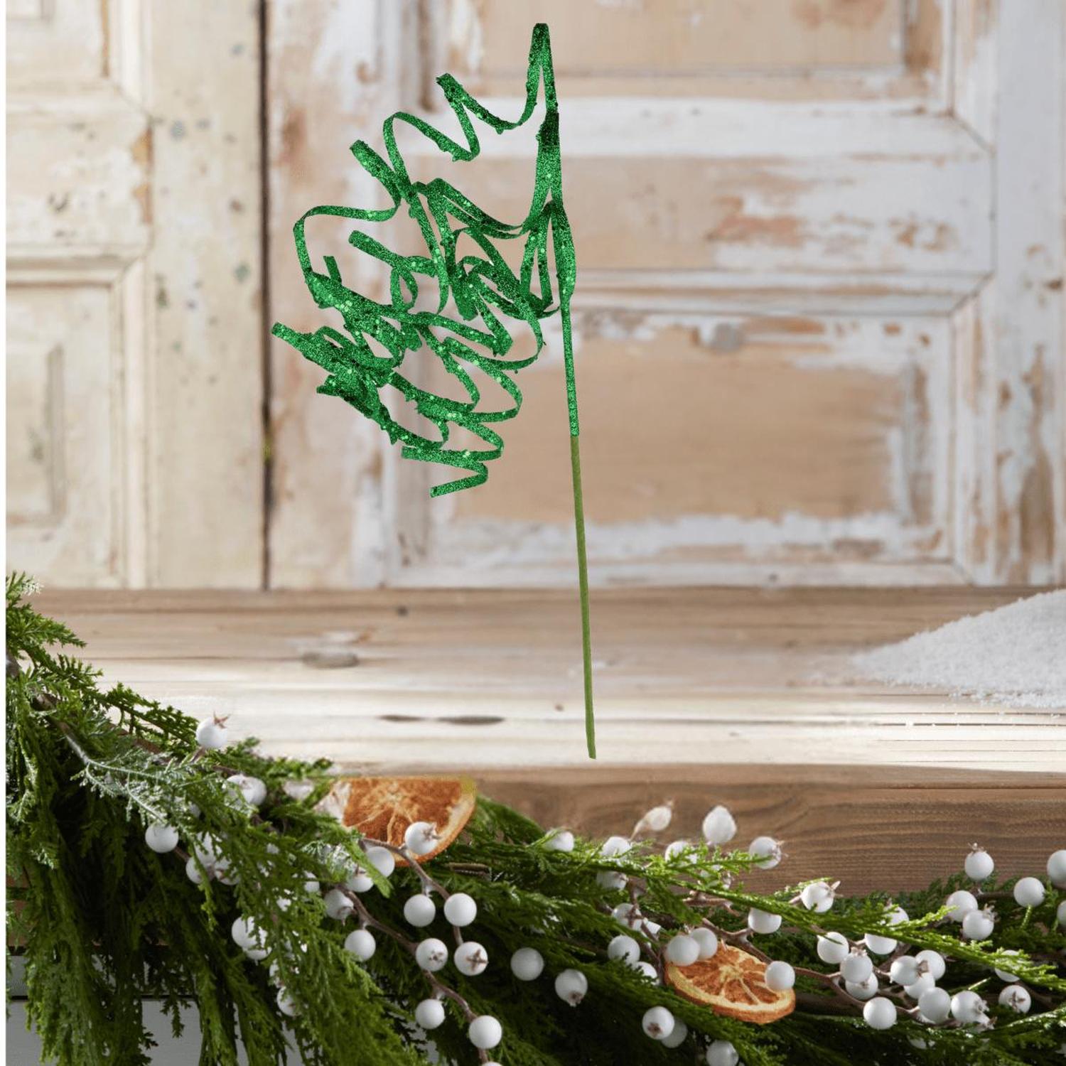 Shop For 31" Curly Glitter Ribbon Spray: Emerald Green