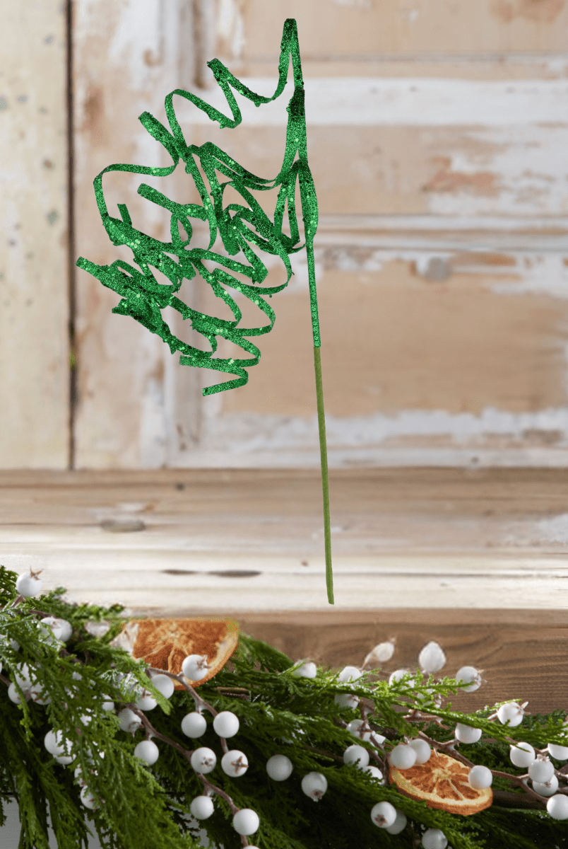 Shop For 31" Curly Glitter Ribbon Spray: Emerald Green