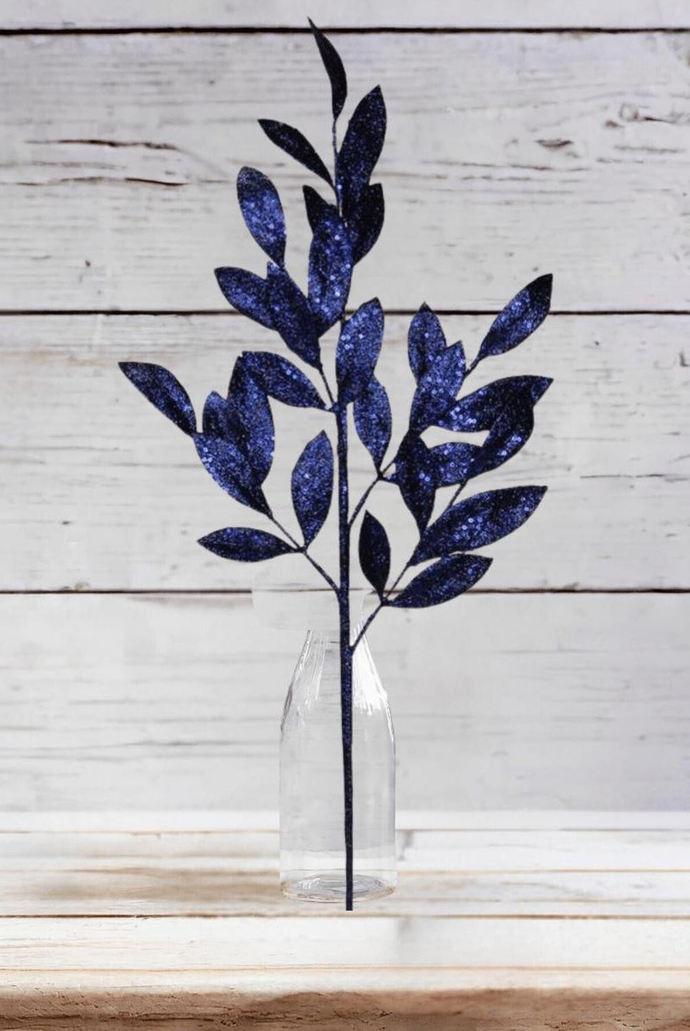 31" Glitter Bay Leaf Spray: Navy Blue