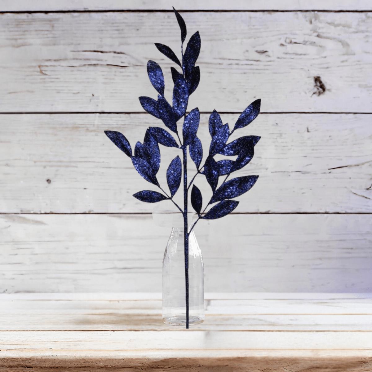 Shop For 31" Glitter Bay Leaf Spray: Navy Blue