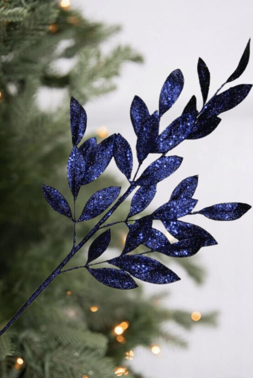 31" Glitter Bay Leaf Spray: Navy Blue