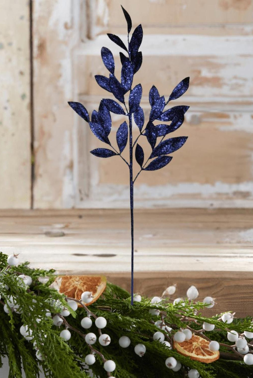 31" Glitter Bay Leaf Spray: Navy Blue