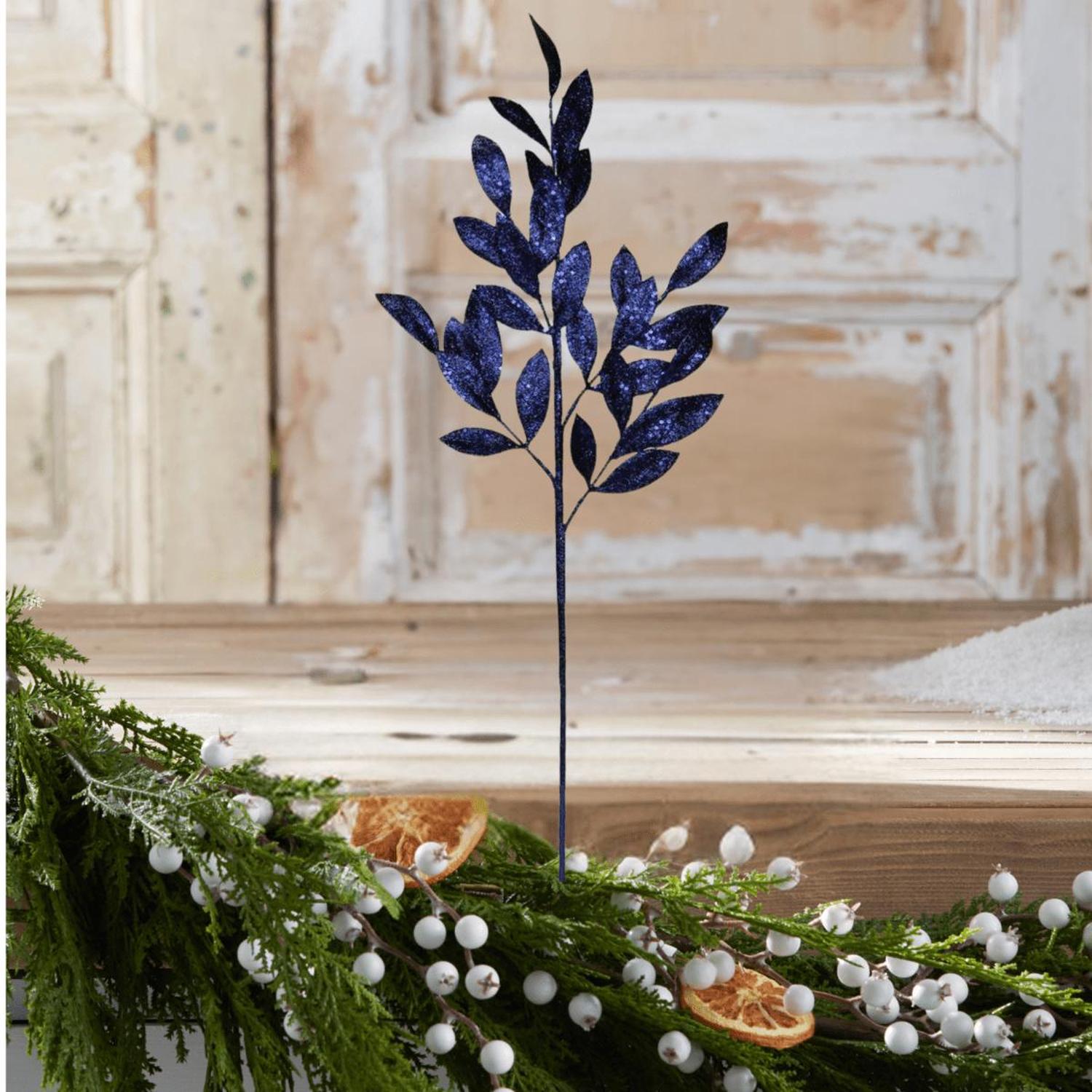 31" Glitter Bay Leaf Spray: Navy Blue