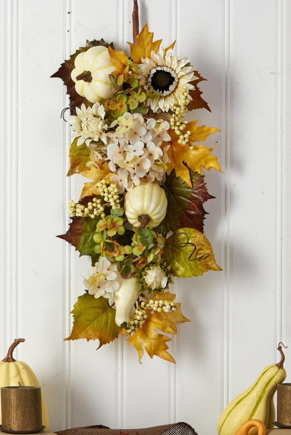 33” Fall Sunflower, Hydrangea and White Pumpkin Artificial Autumn Teardrop