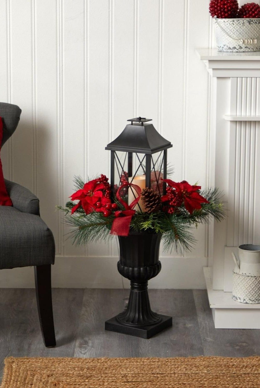 33” Holiday Berries and Poinsettia with Large Lantern and Included LED Candle