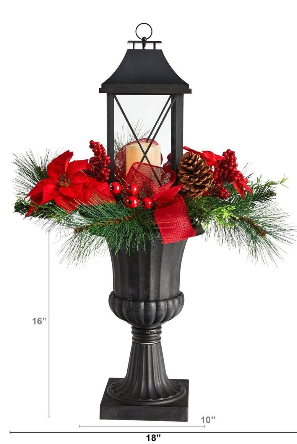 33” Holiday Berries and Poinsettia with Large Lantern and Included LED Candle