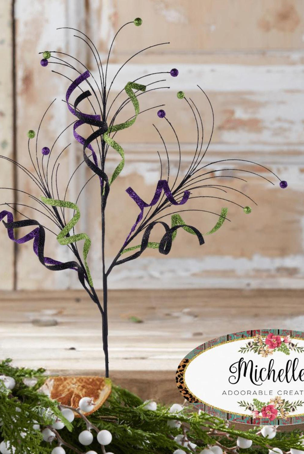 35" Glitter Curly Fishline Ball Spray: Purple/Black/Lime