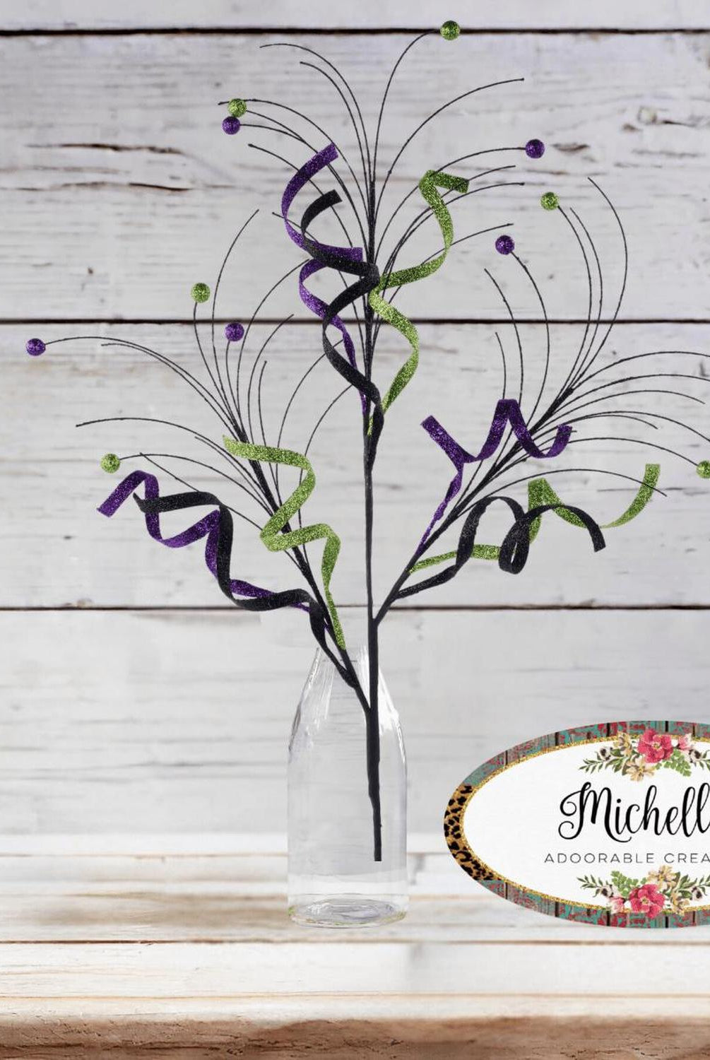 35" Glitter Curly Fishline Ball Spray: Purple/Black/Lime