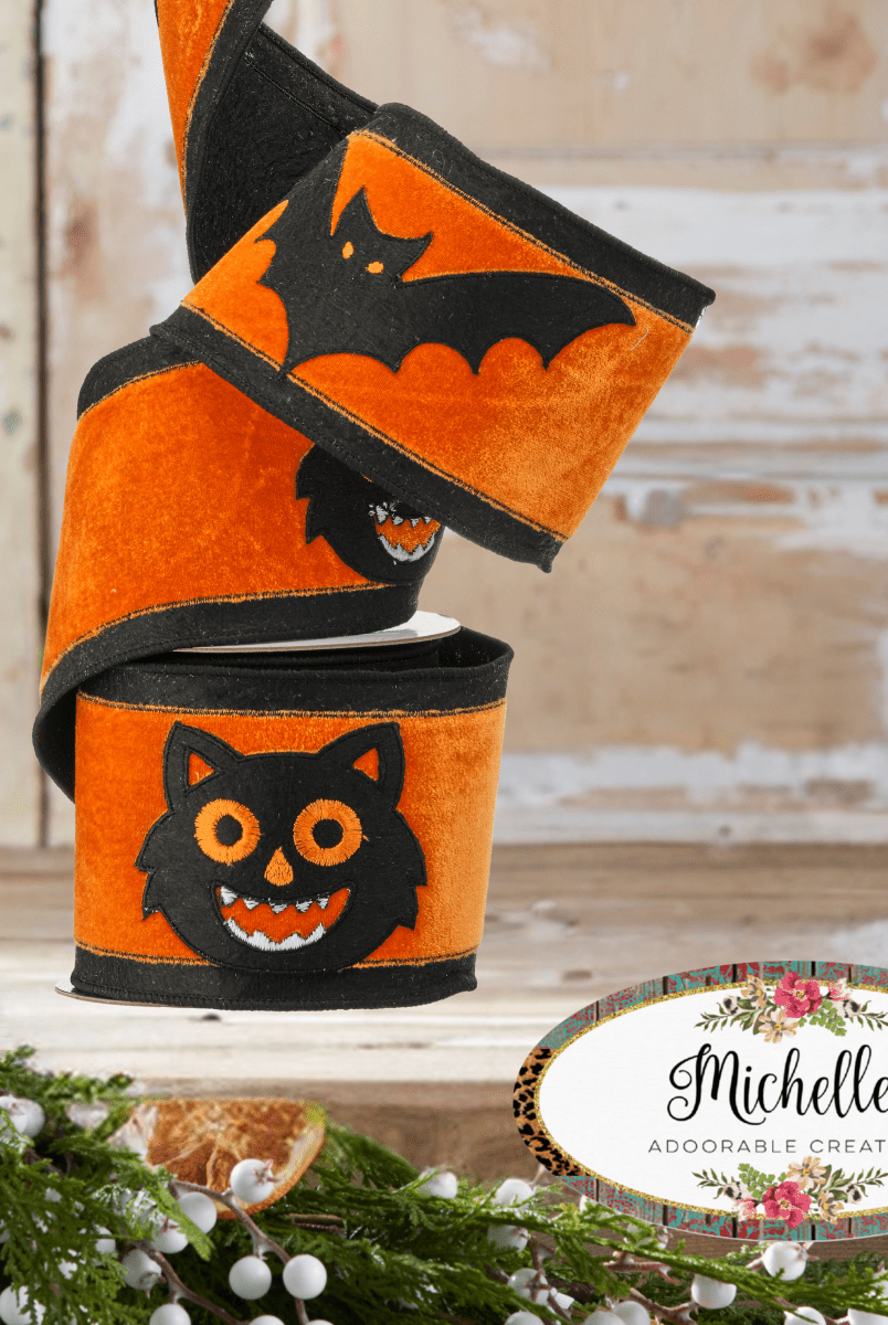 Shop For 4" Black Cat Bat Velvet Ribbon: Orange (5 Yards)