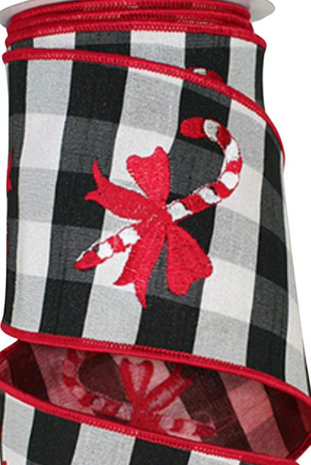 4" Candy Cane Check Embroidery Ribbon: Black & White (5 Yards)