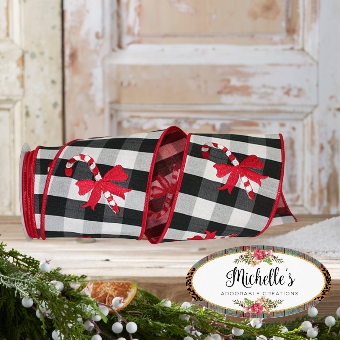 Shop For 4" Candy Cane Check Embroidery Ribbon: Black & White (5 Yards)