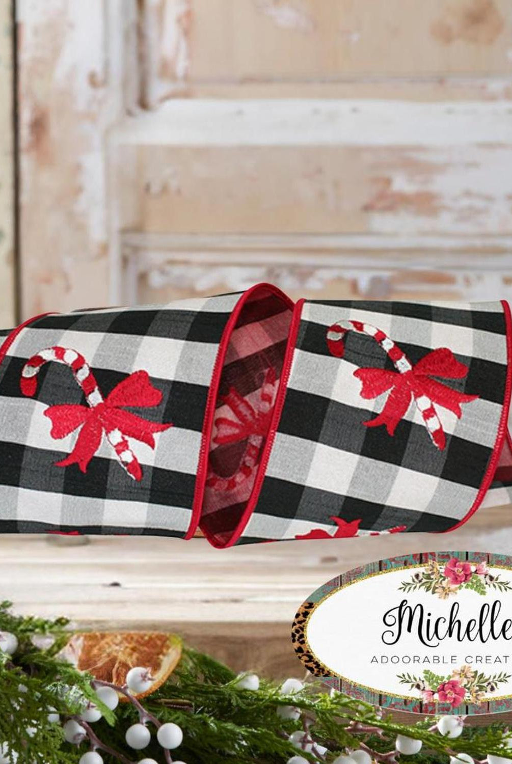 4" Candy Cane Check Embroidery Ribbon: Black & White (5 Yards)