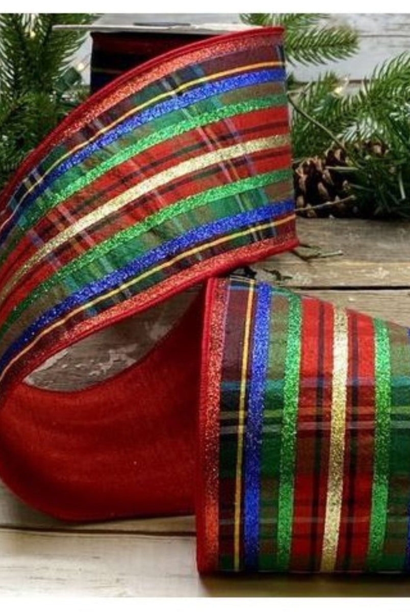 Shop For 4" Dupion Traditional Plaid Glitter Ribbon: Red, Green & Blue (5 Yards)