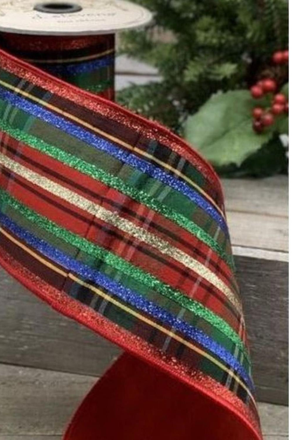 Shop For 4" Dupion Traditional Plaid Glitter Ribbon: Red, Green & Blue (5 Yards)