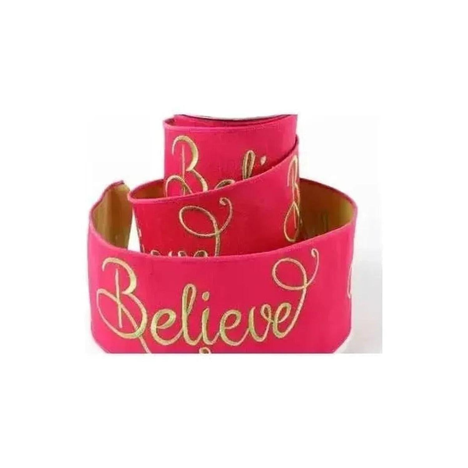 4" Embroidery Believe Ribbon: Hot Pink/Lime Green (5 Yards)