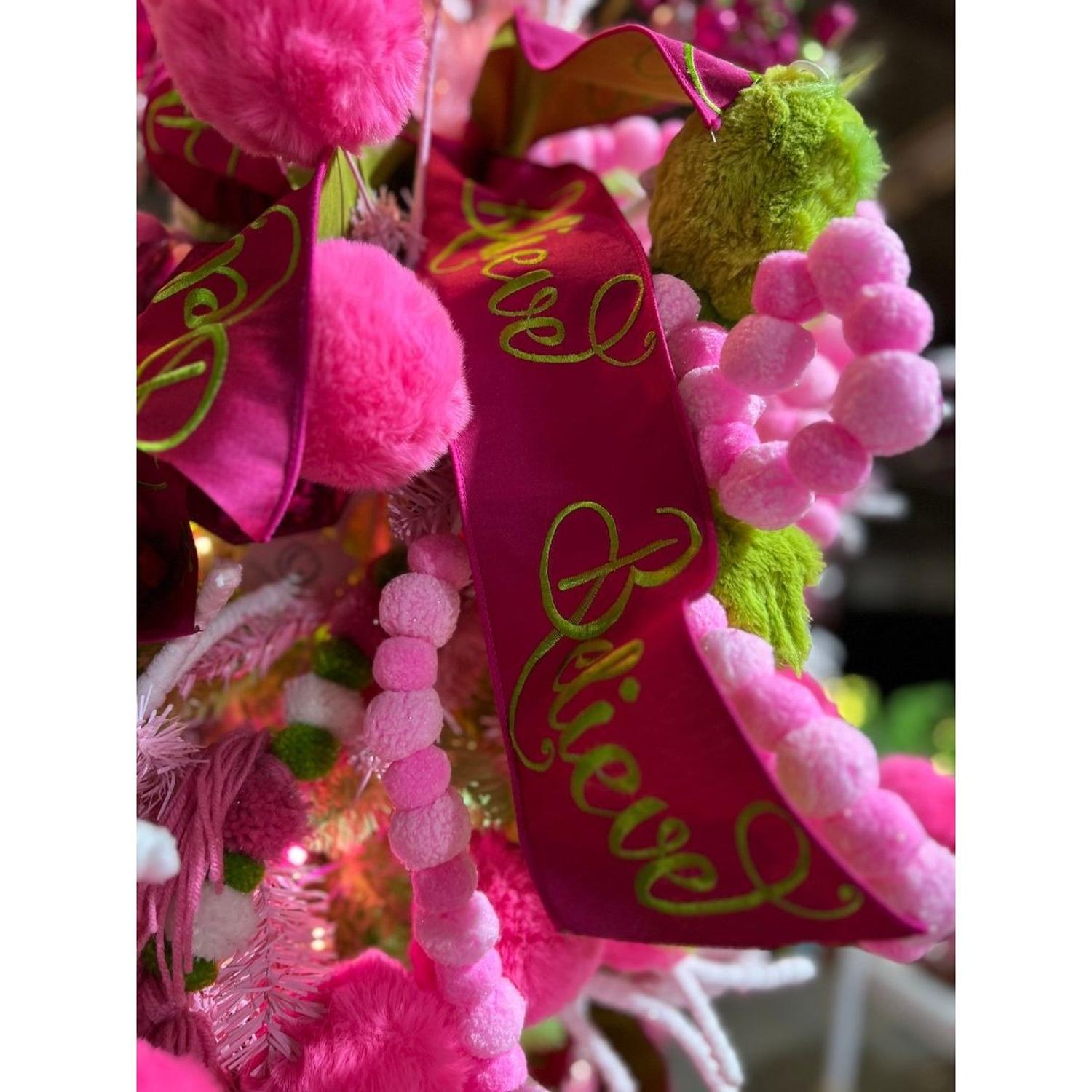 4" Embroidery Believe Ribbon: Hot Pink/Lime Green (5 Yards)