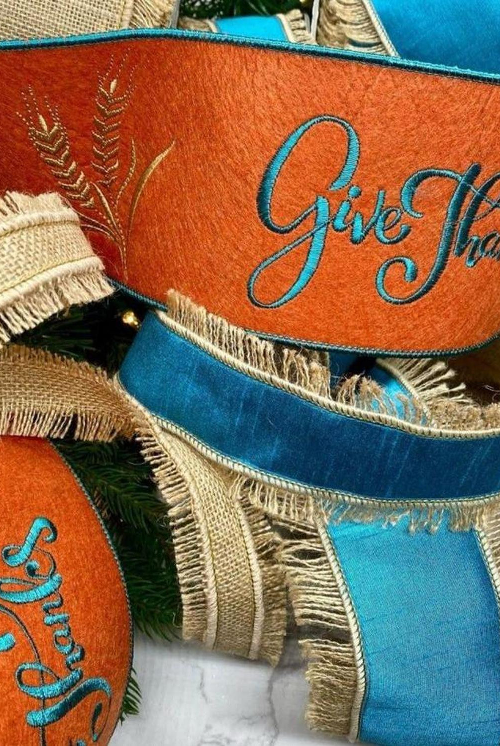 4" Embroidery Give Thanks Felt Ribbon: Teal (5 Yards)