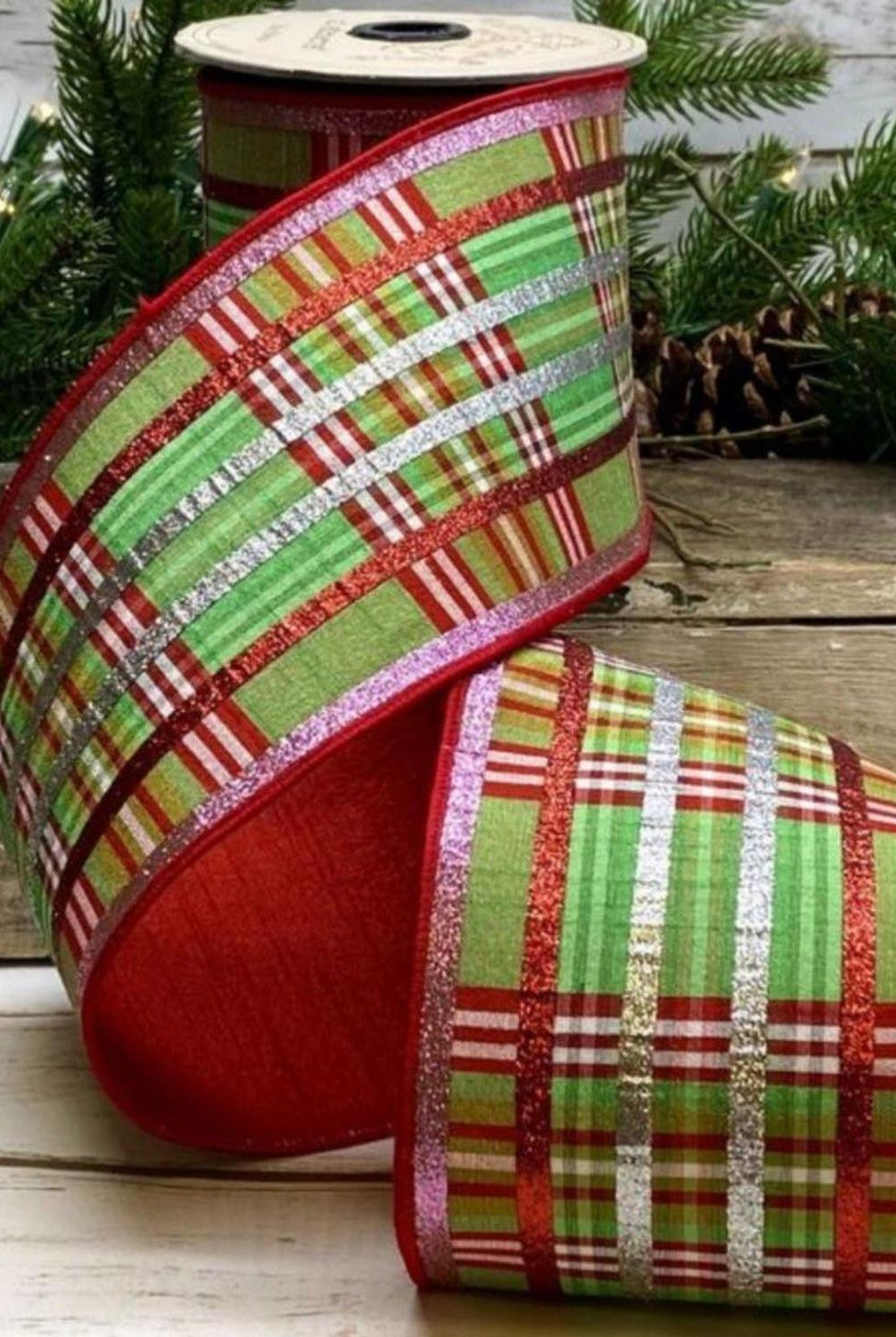 Shop For 4" Faux Dupion Plaid Glitter Ribbon: Green, Pink & Red (5 Yards)