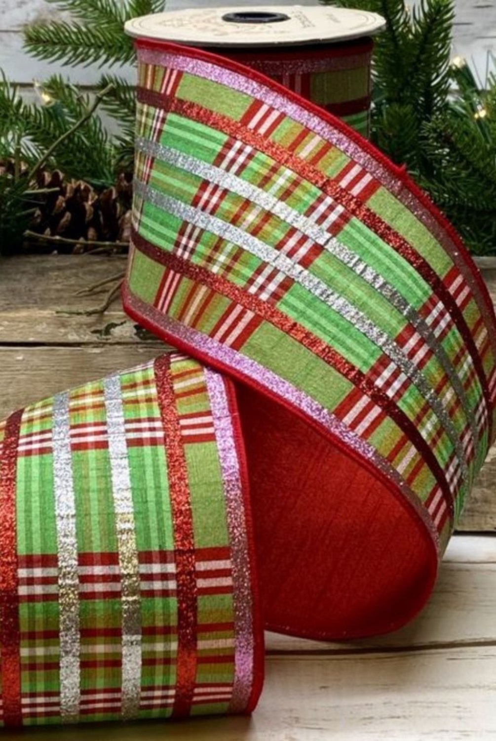 Shop For 4" Faux Dupion Plaid Glitter Ribbon: Green, Pink & Red (5 Yards)