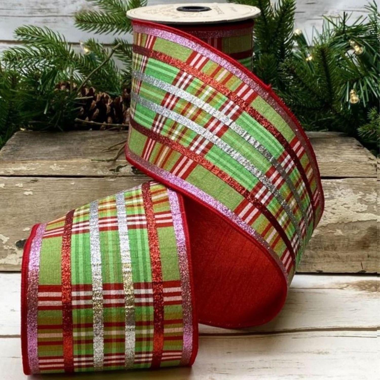 Shop For 4" Faux Dupion Plaid Glitter Ribbon: Green, Pink & Red (5 Yards)