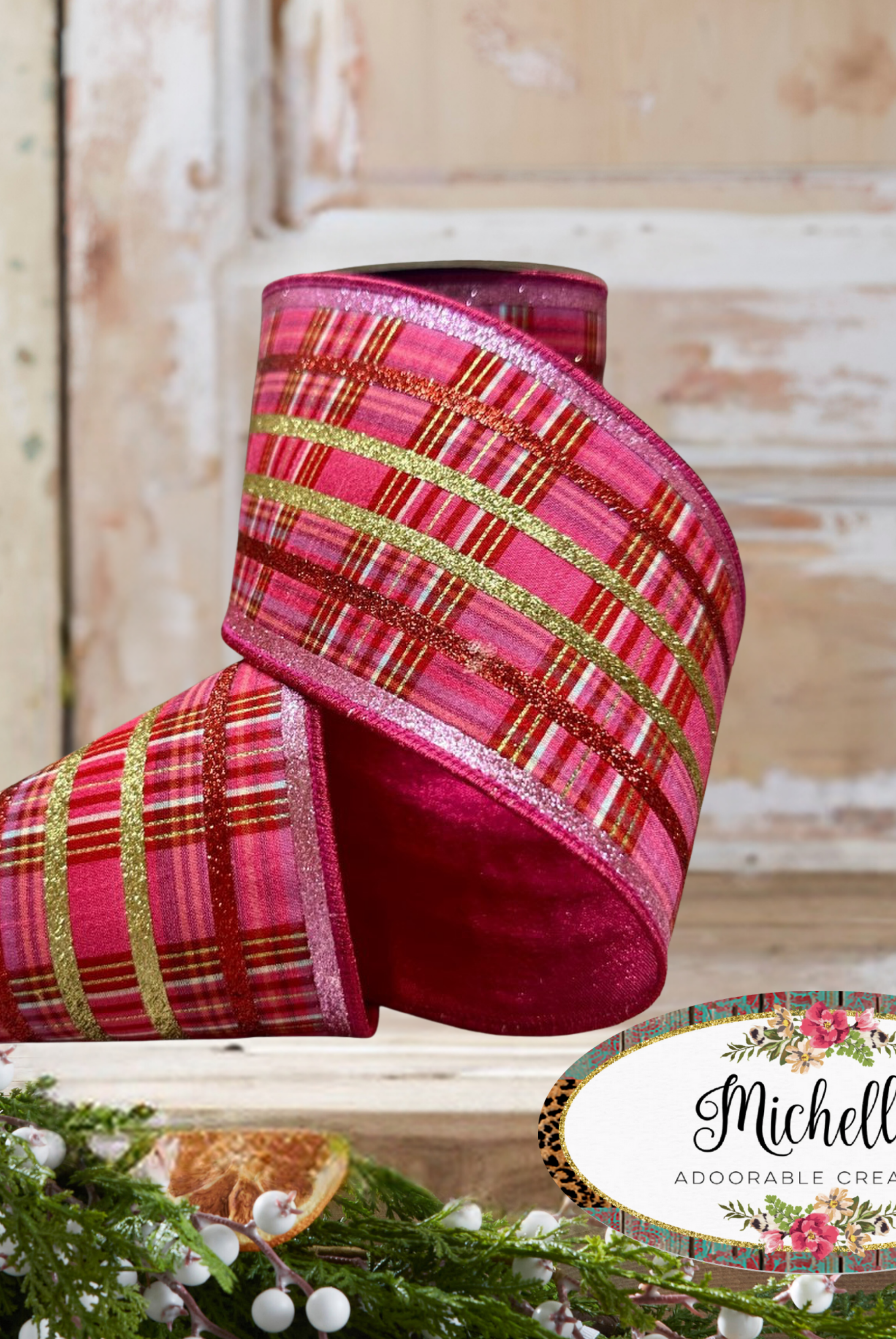 Shop For 4" Faux Dupion Plaid Glitter Ribbon: Red, Pink and Gold (5 Yards)