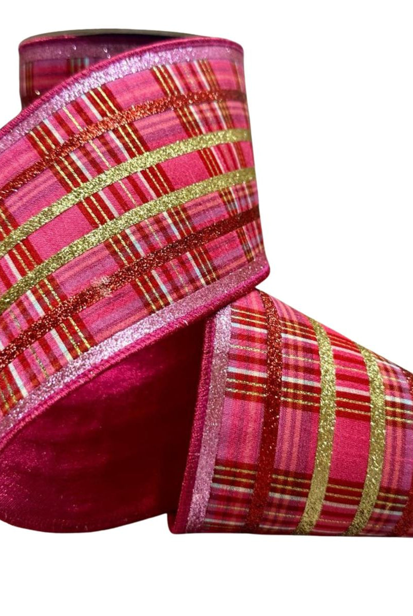 Shop For 4" Faux Dupion Plaid Glitter Ribbon: Red, Pink and Gold (5 Yards)