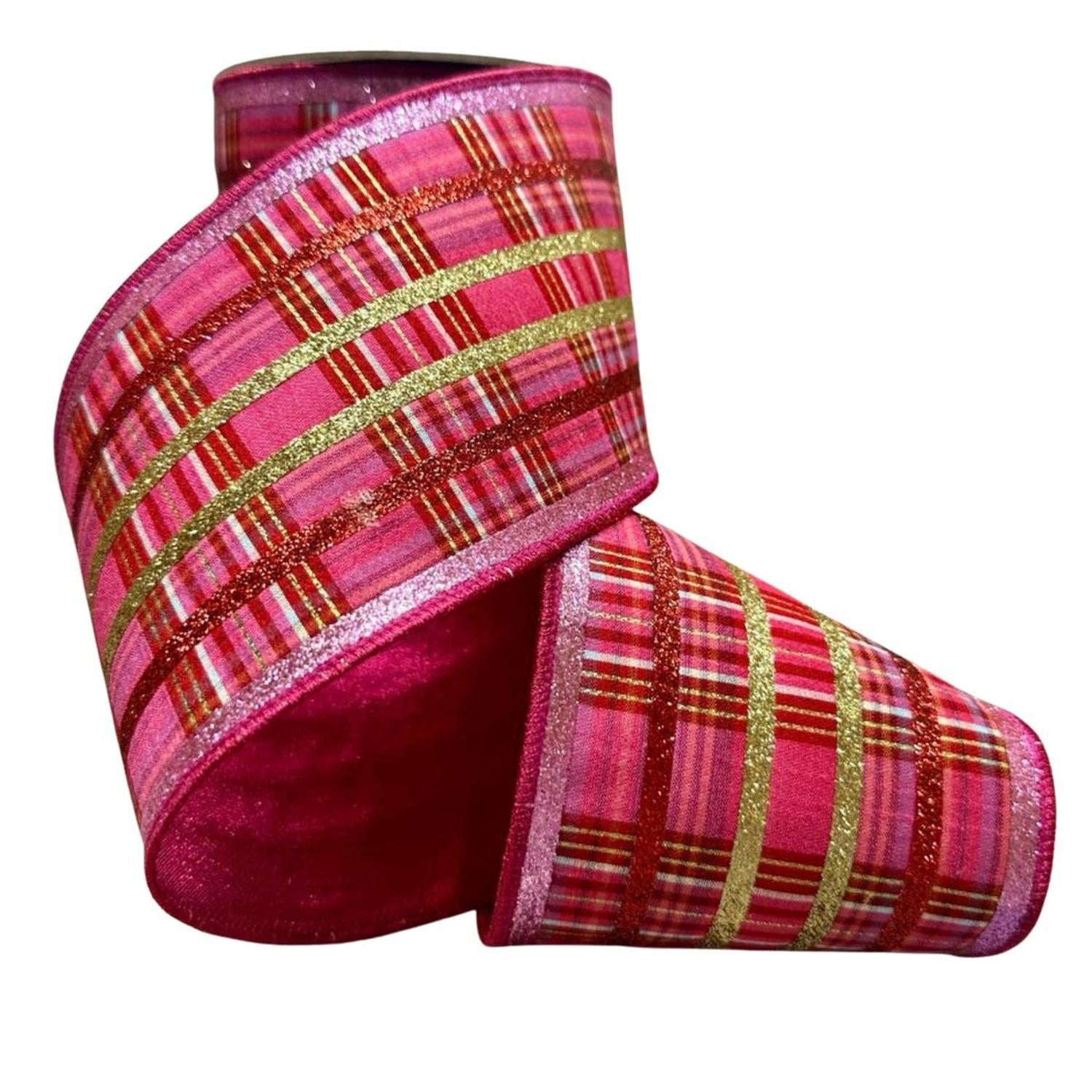 4" Faux Dupion Plaid Glitter Ribbon: Red, Pink and Gold (5 Yards)