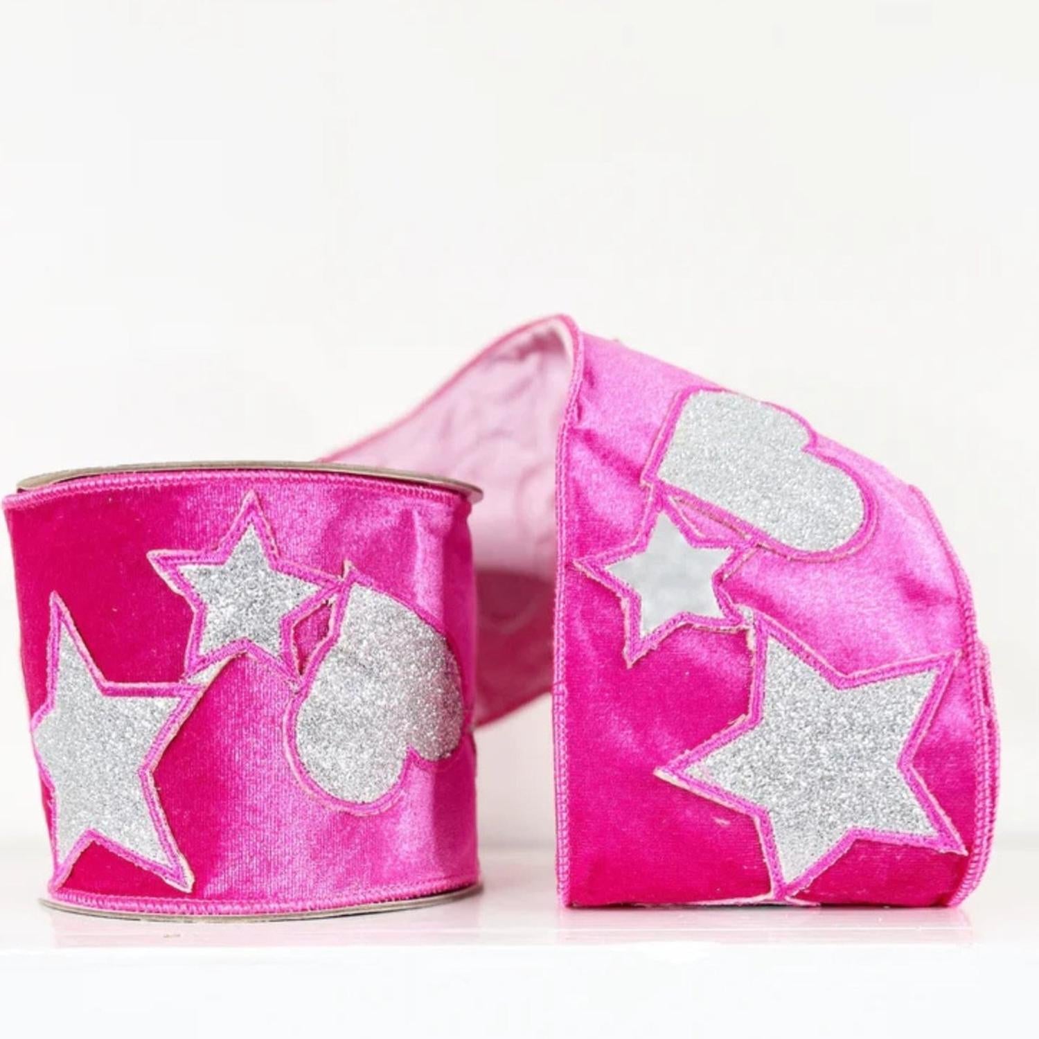 4" Hearts and Stars Velvet Ribbon: Hot Pink (5 Yards)