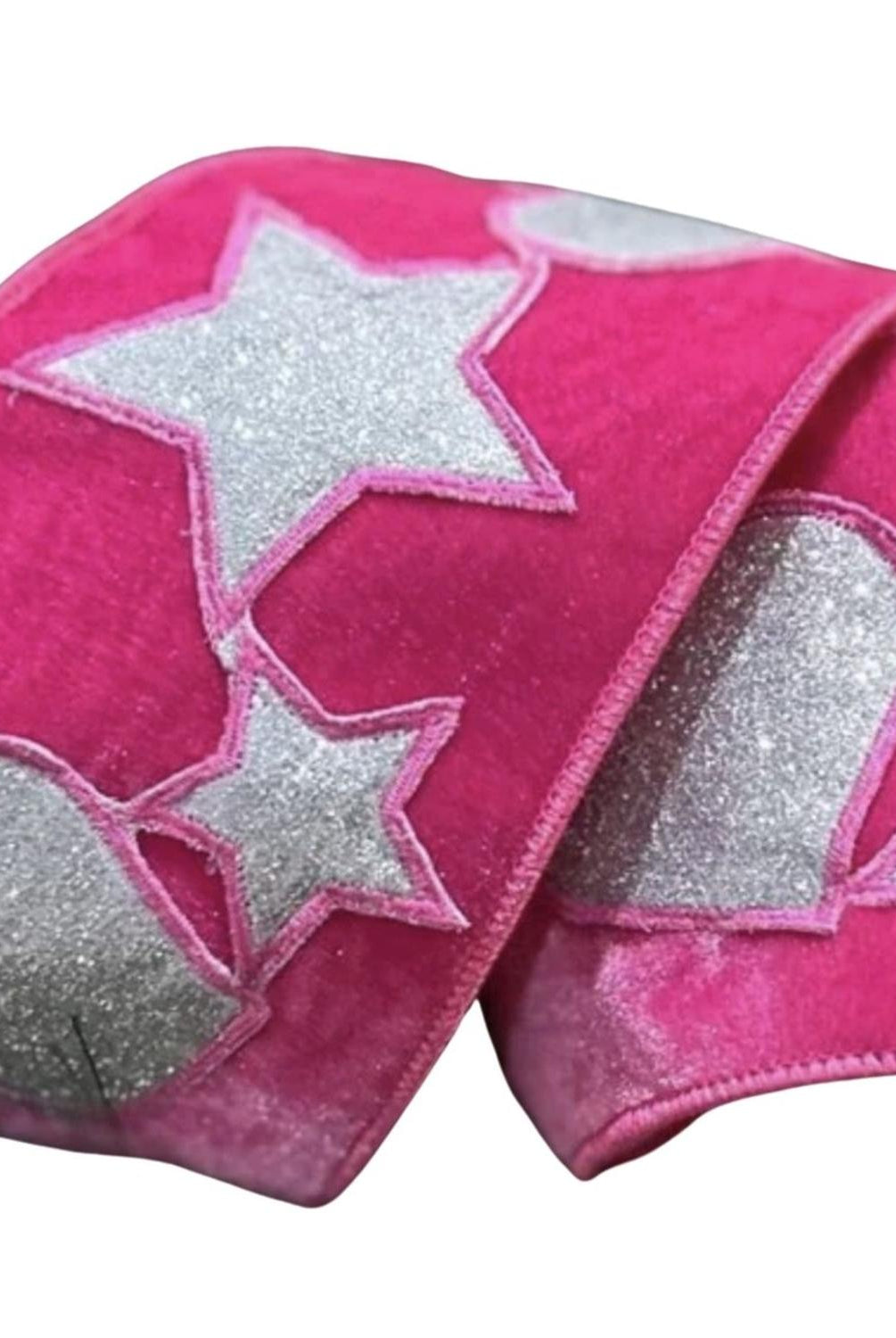 4" Hearts and Stars Velvet Ribbon: Hot Pink (5 Yards)