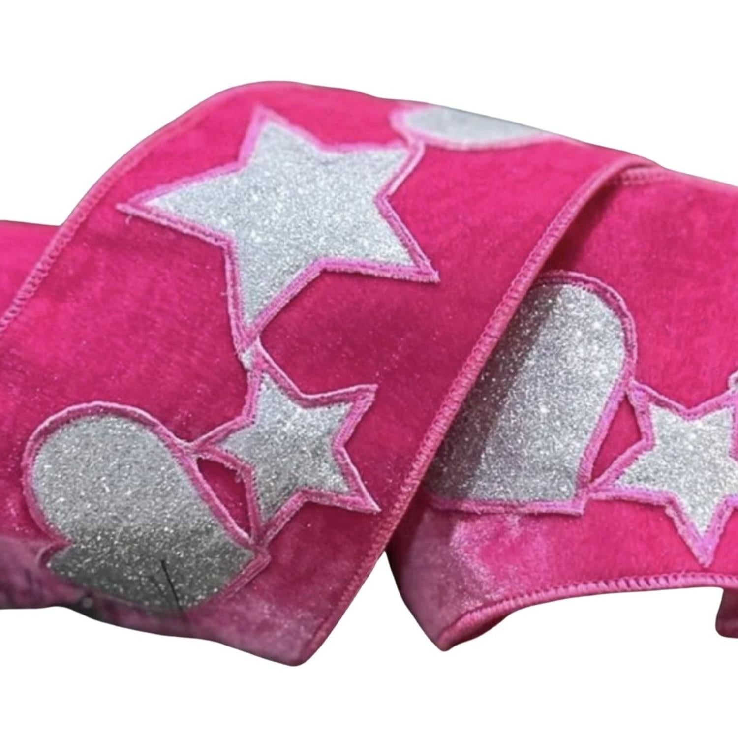4" Hearts and Stars Velvet Ribbon: Hot Pink (5 Yards)