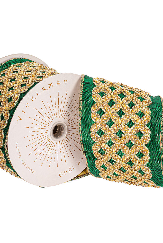 Shop For 4 inch Jeweled Ribbon: Green/Gold (5 Yards)