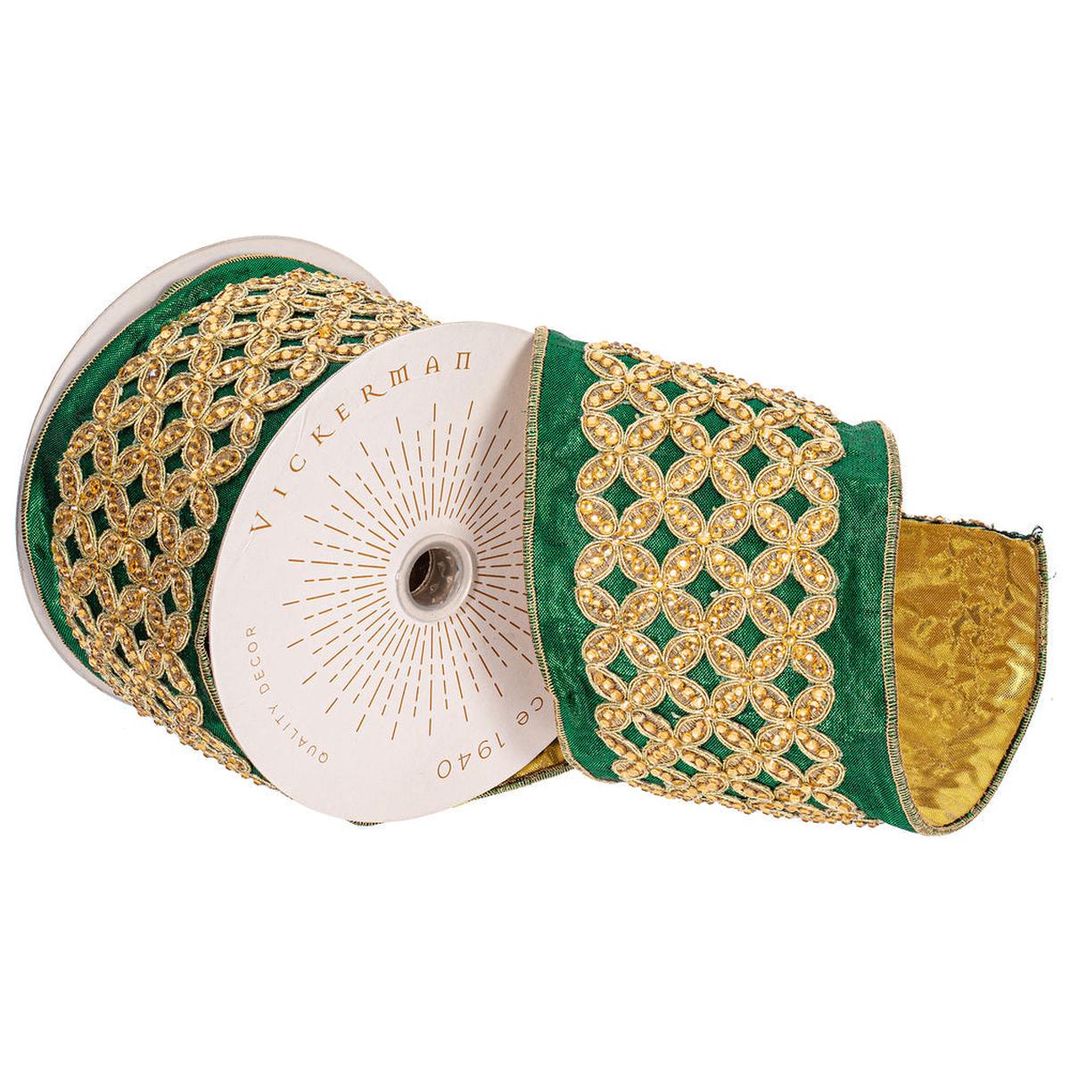 Shop For 4 inch Jeweled Ribbon: Green/Gold (5 Yards)