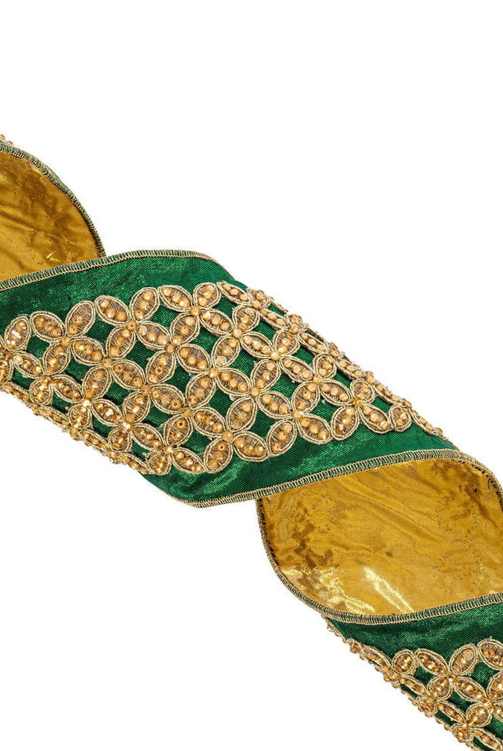 4 inch Jeweled Ribbon: Green/Gold (5 Yards)