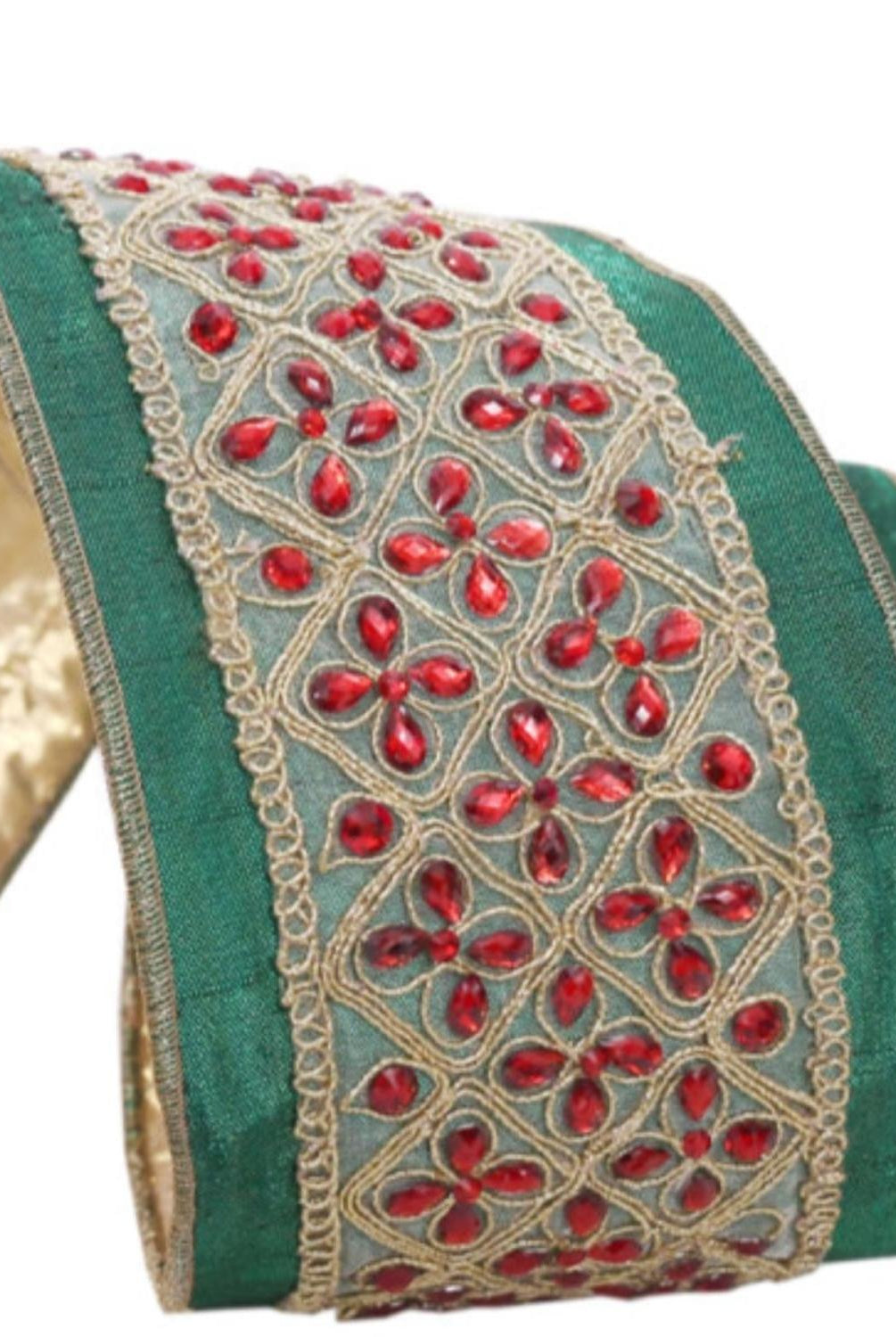 4 inch Jeweled Ribbon: Green/Red (5 Yards)