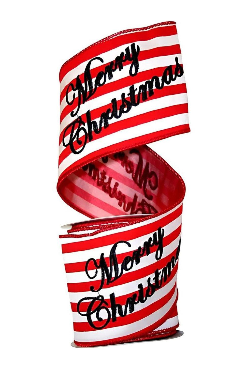 4" Merry Christmas Embroidered Striped Ribbon: Red & White (5 Yards)