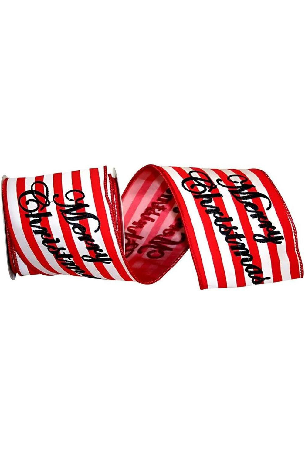 4" Merry Christmas Embroidered Striped Ribbon: Red & White (5 Yards)